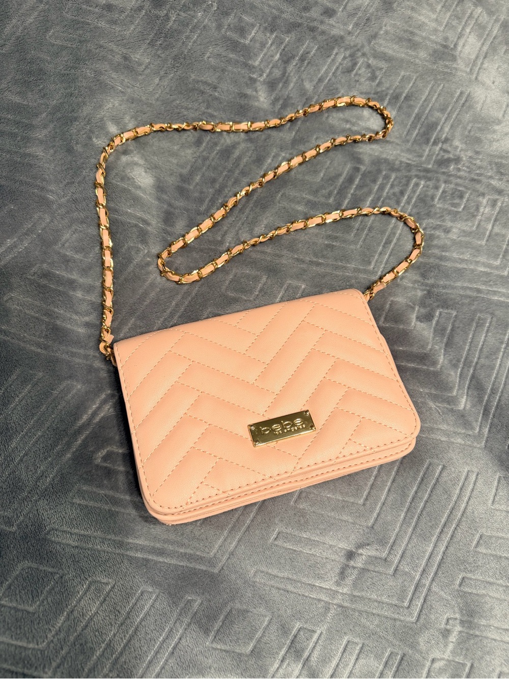 Bebe Soft Pink Quilted Crossbody Bag with Gold Chain